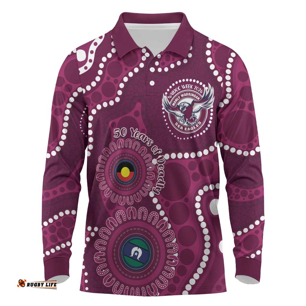 Sea Eagles NAIDOC Week 2026 Personalised Long Sleeve Polo Shirt 50 Years of Deadly Aboriginal Art LT14
