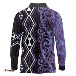 Purple Aotearoa Long Sleeve Polo Shirt Taniko Motifs With Paua Shell Kowhaiwhai LT14