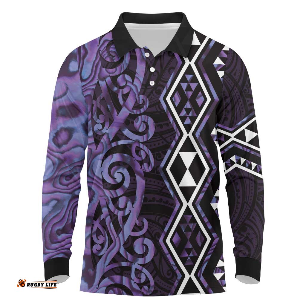 Purple Aotearoa Long Sleeve Polo Shirt Taniko Motifs With Paua Shell Kowhaiwhai LT14