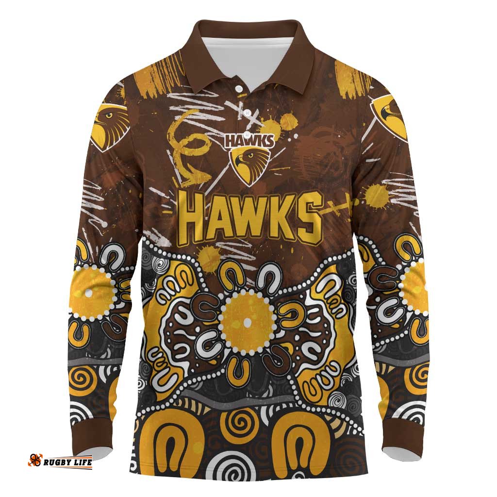 Personalized Hawthorn Hawks Long Sleeve Polo Shirt Aboriginal Dot Painting Graffiti Style TS04