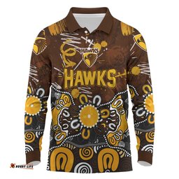Personalized Hawthorn Hawks Long Sleeve Polo Shirt Aboriginal Dot Painting Graffiti Style TS04