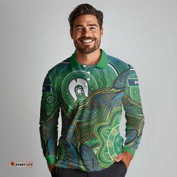 Torres Strait Islands Long Sleeve Polo Shirt Indigenous Ocean Wave Dot Green Color TS04