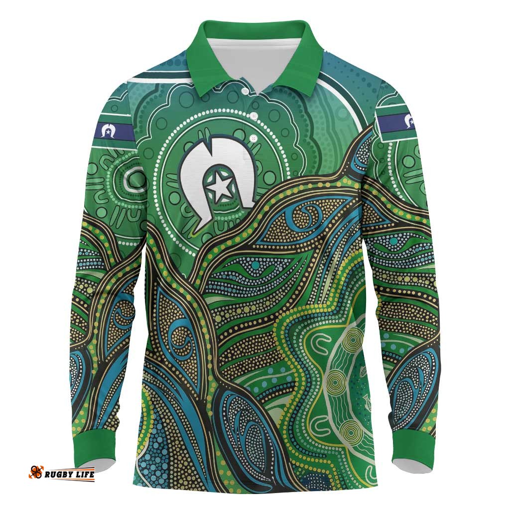 Torres Strait Islands Long Sleeve Polo Shirt Indigenous Ocean Wave Dot Green Color TS04