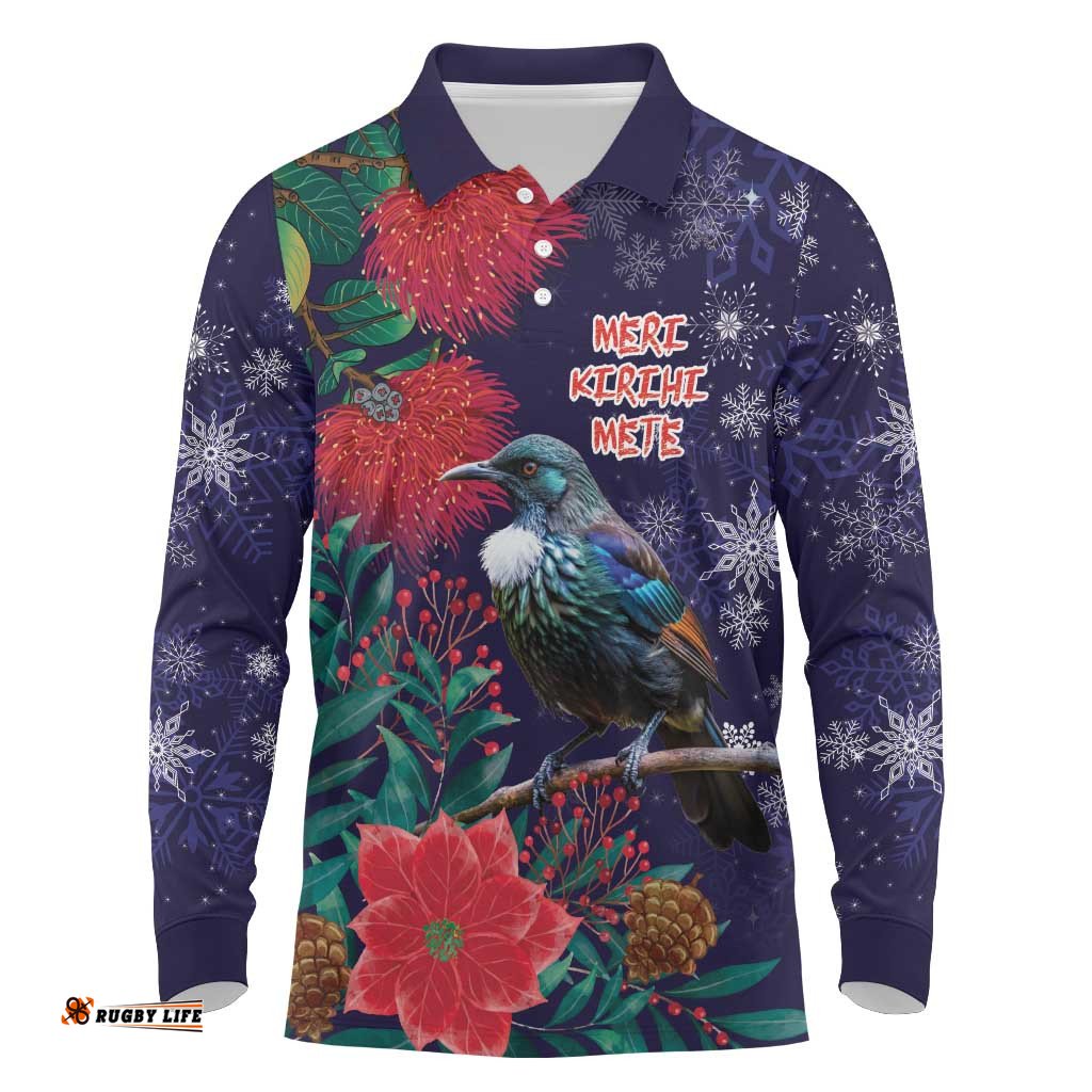 Tui Meri Kirihimete Personalised Long Sleeve Polo Shirt Pohutukawa Flowers Blue Motif LT9