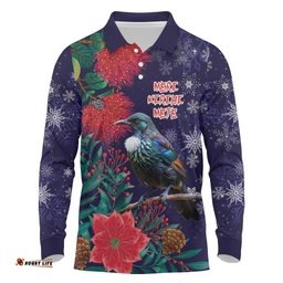 Tui Meri Kirihimete Personalised Long Sleeve Polo Shirt Pohutukawa Flowers Blue Motif LT9