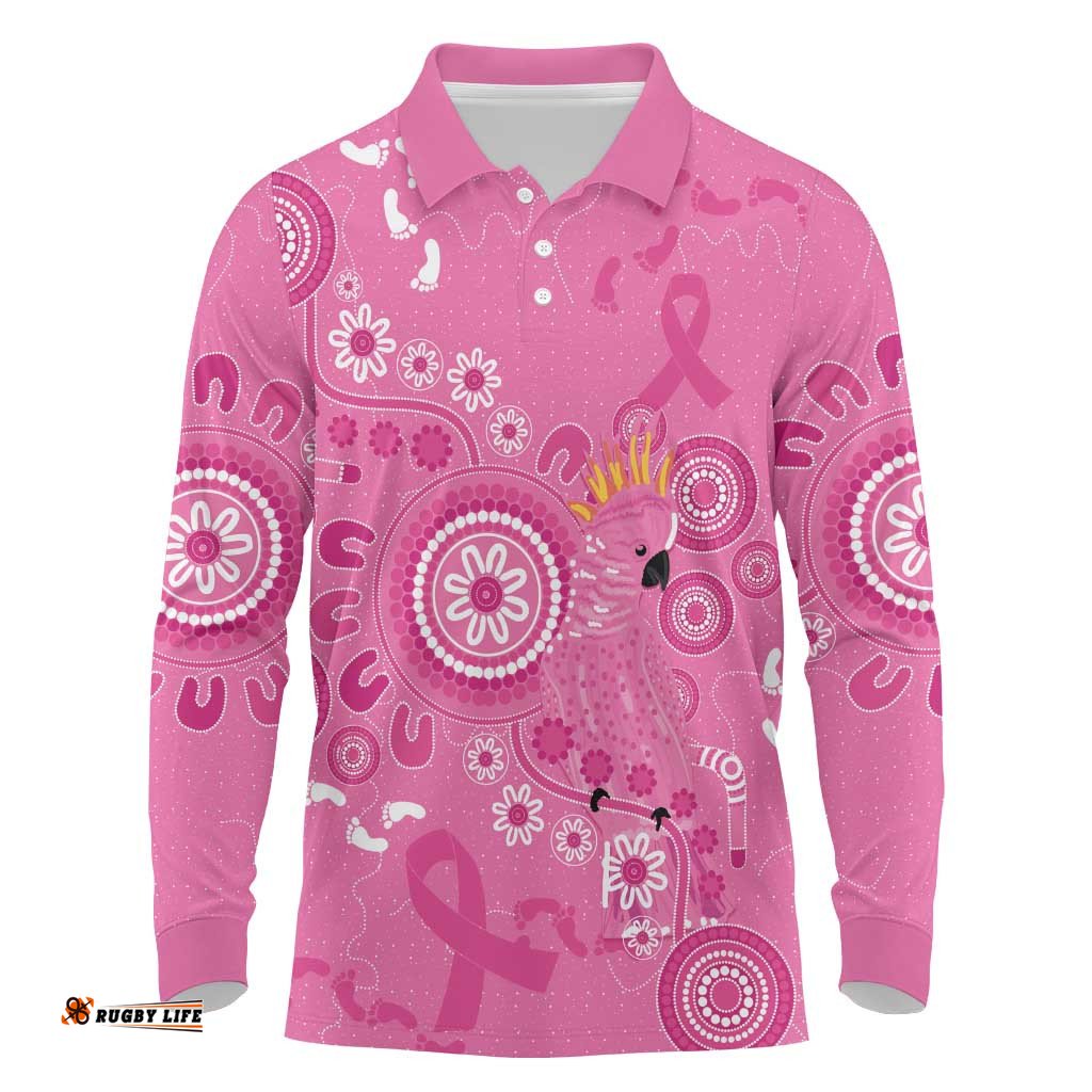 Pink Ribbon Australia Long Sleeve Polo Shirt Breast Cancer Awareness Aboriginal Cacatua leadbeateri LT14