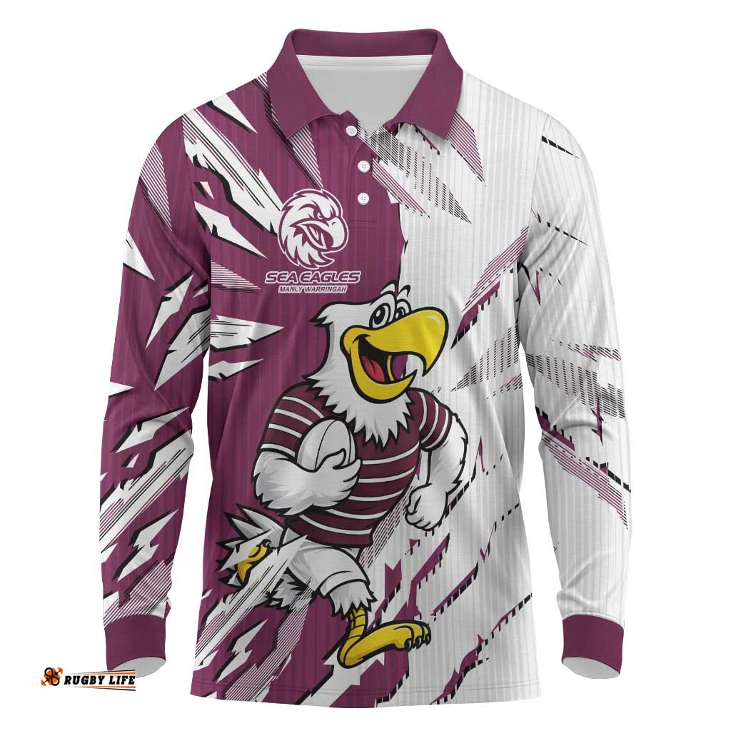 Personalized Manly Warringah Sea Eagles Long Sleeve Polo Shirt Dynamic Lightning Mascot Rugby Australia TS04
