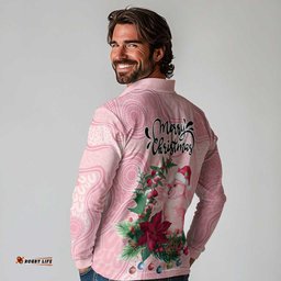 Watercolor Pink Galah Flowers Long Sleeve Polo Shirt Australia Christmas Vibes LT9