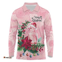 Watercolor Pink Galah Flowers Long Sleeve Polo Shirt Australia Christmas Vibes LT9