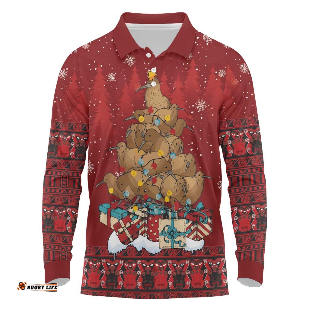 Funny Kiwi Bird Xmas Tree Long Sleeve Polo Shirt New Zealand Tribal Christmas Spirit LT9