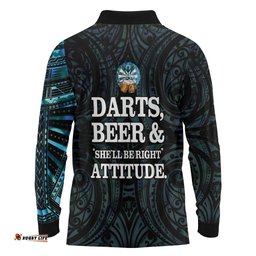 Personalized New Zealand Darts Beer Long Sleeve Polo Shirt Paua Shell Aotearoa Maori Tattoo LT14