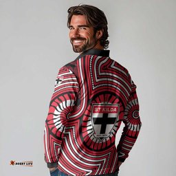 St Kilda Football Club Long Sleeve Polo Shirt Indigenous Monochrome Dot Art Mascot Style TS04