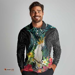 Sulphur-crested Cockatoo New Zealand Long Sleeve Polo Shirt Paua Shell Aotearoa Maori Tropical Flowers LT14