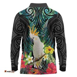 Sulphur-crested Cockatoo New Zealand Long Sleeve Polo Shirt Paua Shell Aotearoa Maori Tropical Flowers LT14