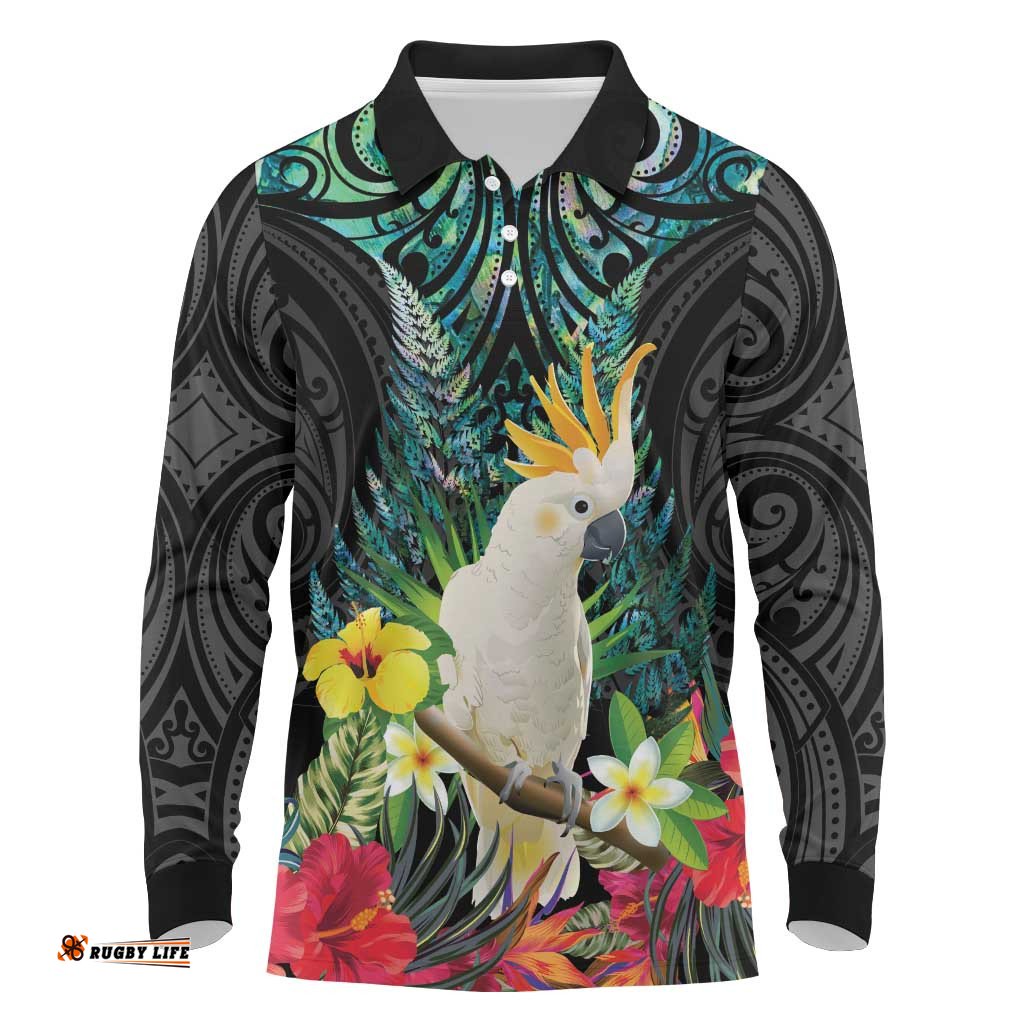 Sulphur-crested Cockatoo New Zealand Long Sleeve Polo Shirt Paua Shell Aotearoa Maori Tropical Flowers LT14
