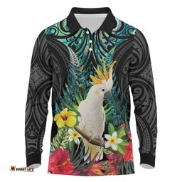 Sulphur-crested Cockatoo New Zealand Long Sleeve Polo Shirt Paua Shell Aotearoa Maori Tropical Flowers LT14