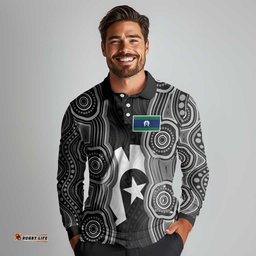 Torres Strait Islander Long Sleeve Polo Shirt Flag Feather Headdress Indigenous Dotwork Tribal Art TS04