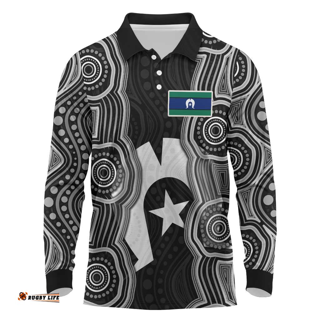 Torres Strait Islander Long Sleeve Polo Shirt Flag Feather Headdress Indigenous Dotwork Tribal Art TS04