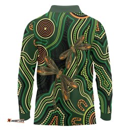 Green Indigenous Dragonfly Australia Long Sleeve Polo Shirt Aboriginal Art LT14