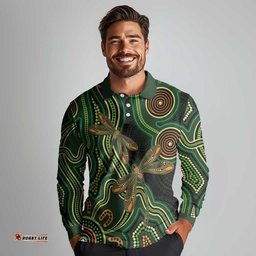 Green Indigenous Dragonfly Australia Long Sleeve Polo Shirt Aboriginal Art LT14