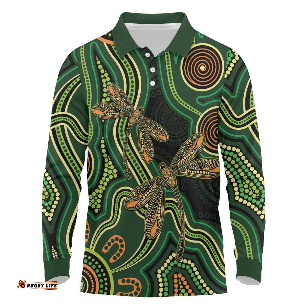 Green Indigenous Dragonfly Australia Long Sleeve Polo Shirt Aboriginal Art LT14