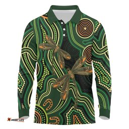 Green Indigenous Dragonfly Australia Long Sleeve Polo Shirt Aboriginal Art LT14