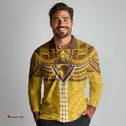 Personalized Hawthorn Hawks Long Sleeve Polo Shirt Polynesian Tribal Pattern Heritage Football TS04