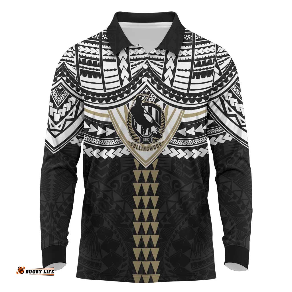 Personalized Collingwood Magpies Long Sleeve Polo Shirt Polynesian Tribal Pattern Heritage Football TS04