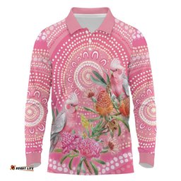 Personalized Pink Galah Aboriginal Dot Art Long Sleeve Polo Shirt Australias Breast Cancer Awareness LT9
