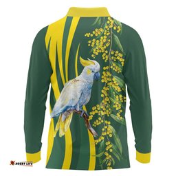 White Cockatoo and Golden Wattle Long Sleeve Polo Shirt Australian Native Bird LT9