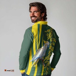 White Cockatoo and Golden Wattle Long Sleeve Polo Shirt Australian Native Bird LT9
