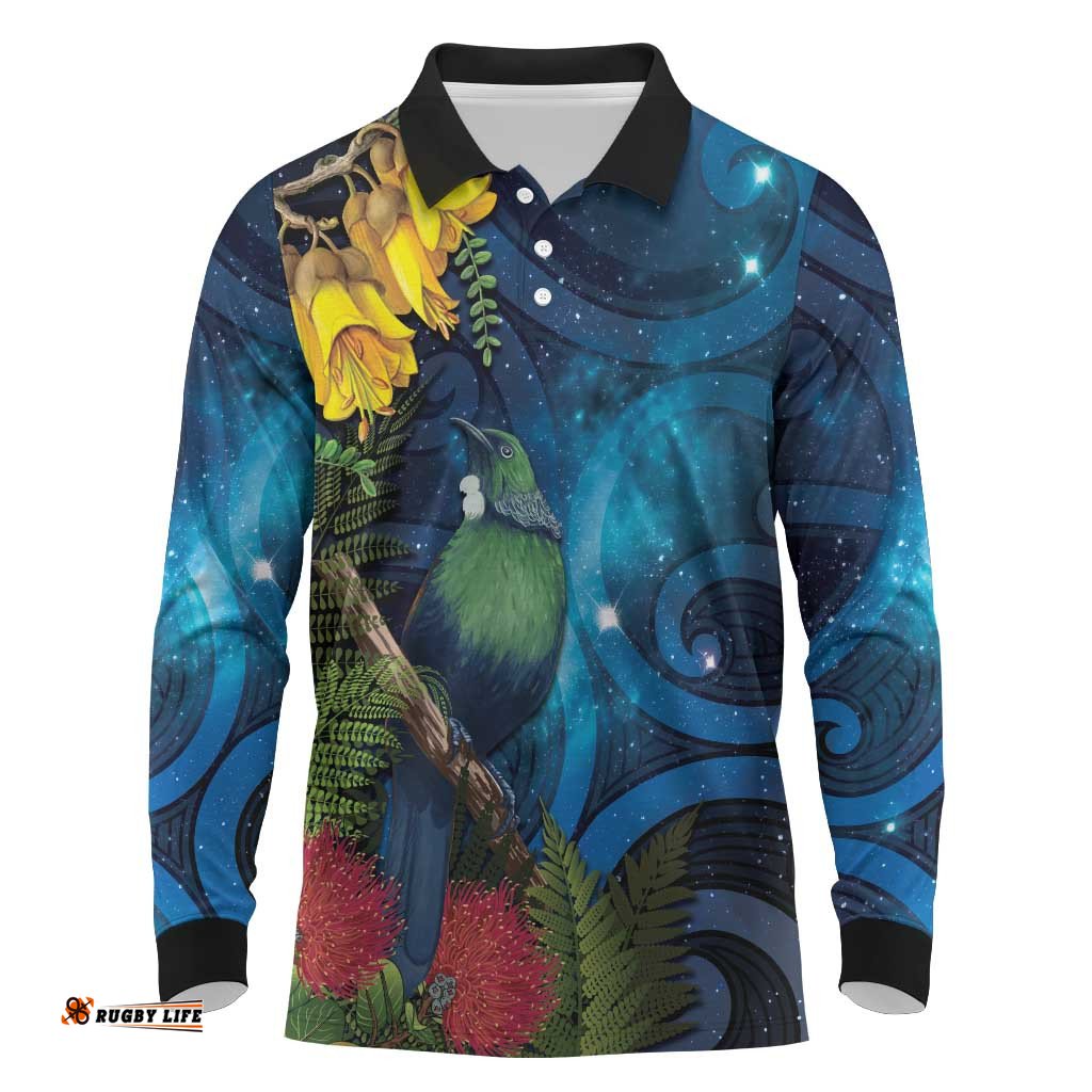 Tui Bird New Zealand Starry Sky Long Sleeve Polo Shirt Maori Koru LT7