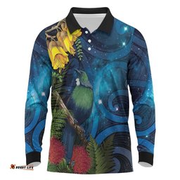 Tui Bird New Zealand Starry Sky Long Sleeve Polo Shirt Maori Koru LT7