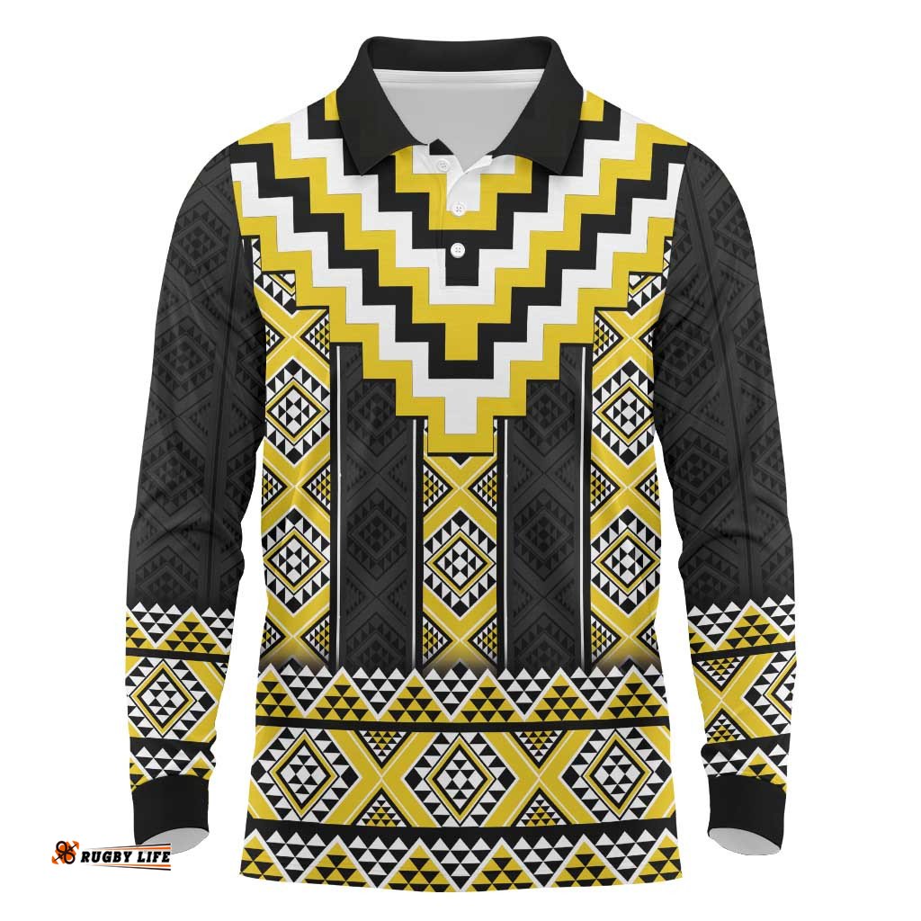 Yellow Taniko Aotearoa Long Sleeve Polo Shirt Niho Taniwha Mix Poutama LT14