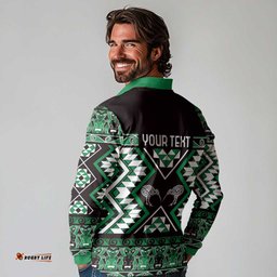 Personalised Taniko Motifs Aotearoa Long Sleeve Polo Shirt Waitangi Kowhaiwhai Kiwi - Green LT7