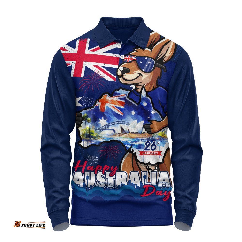 Australia Long Sleeve Polo Shirt Australia Day Holiday Kangaroo Pride Celebration