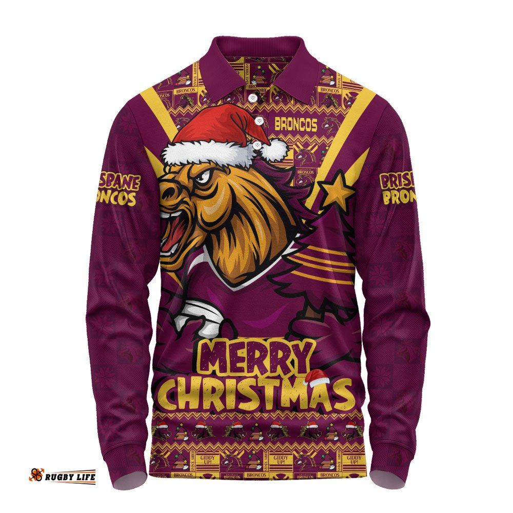 Brisbane Broncos Long Sleeve Polo Shirt Merry Christmas Festive Spirit Edition