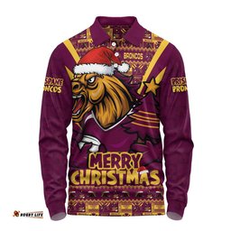 Brisbane Broncos Long Sleeve Polo Shirt Merry Christmas Festive Spirit Edition