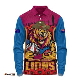 Brisbane Lions Long Sleeve Polo Shirt Lest We Forget In Eternal Honor And Duty