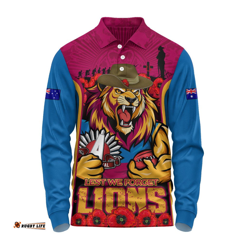 Brisbane Lions Long Sleeve Polo Shirt Lest We Forget In Eternal Honor And Duty