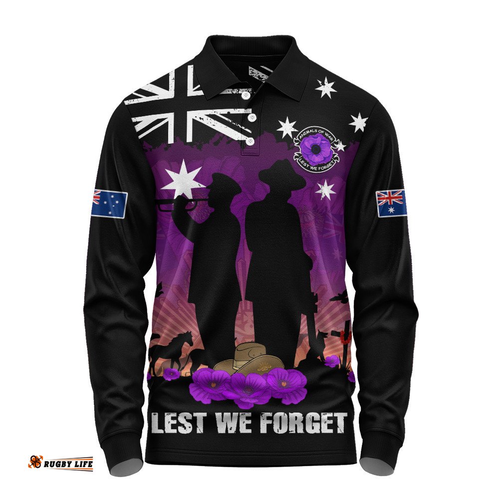 Australia Long Sleeve Polo Shirt Anzac Day Remembering Service Animals Sacrifice