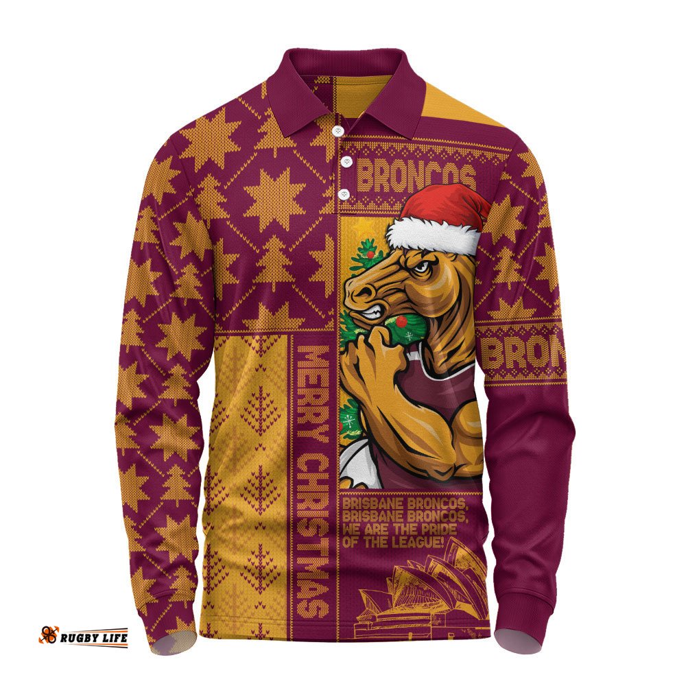 Brisbane Broncos Long Sleeve Polo Shirt Christmas Magic Knit Style Winter Glow