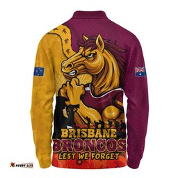 Brisbane Broncos Long Sleeve Polo Shirt Anzac Day Remembrance Of Courage Loyalty Valor