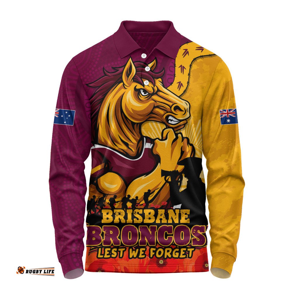 Brisbane Broncos Long Sleeve Polo Shirt Anzac Day Remembrance Of Courage Loyalty Valor