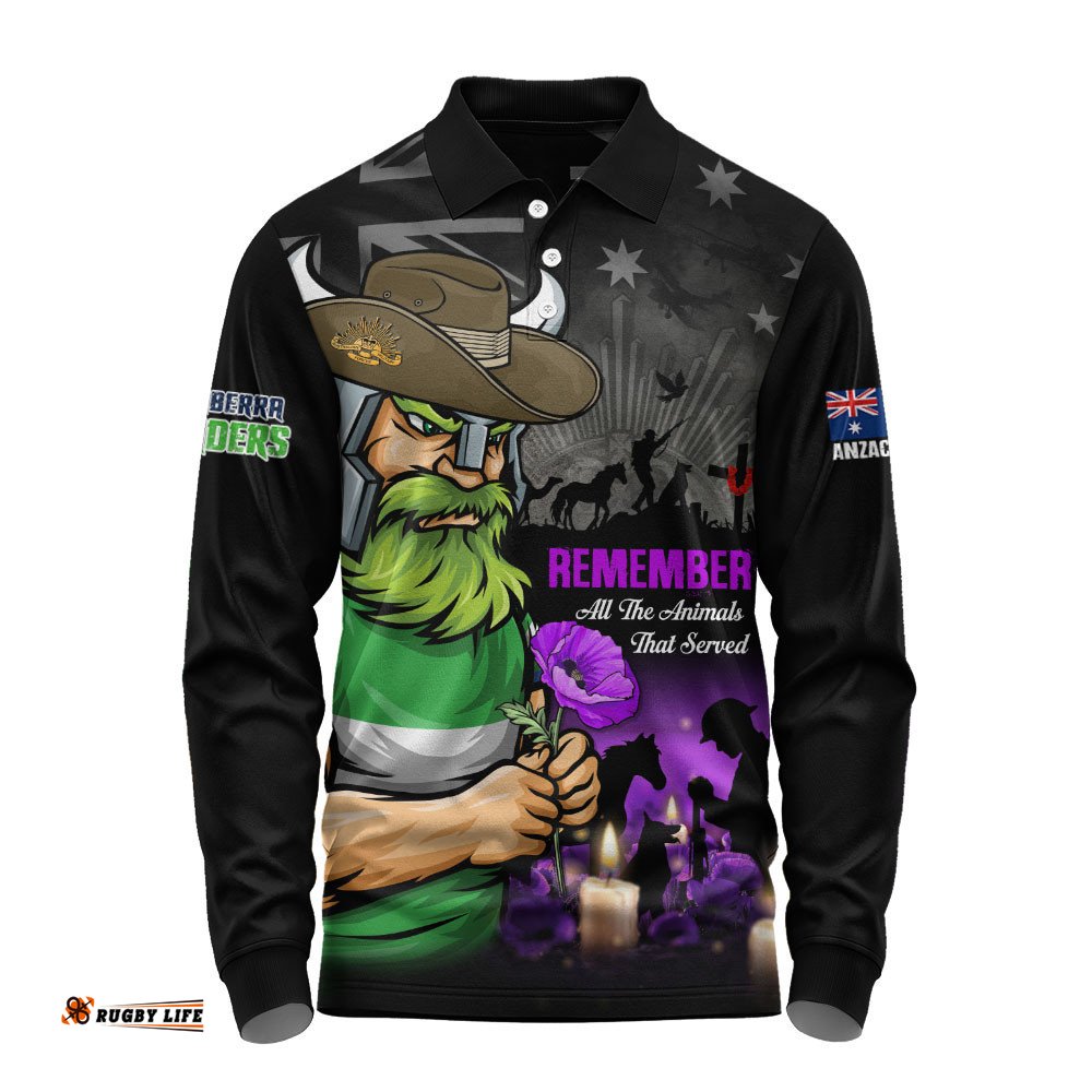 Canberra Raiders Long Sleeve Polo Shirt Anzac Day Purple Poppy And Animals That Served
