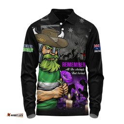 Canberra Raiders Long Sleeve Polo Shirt Anzac Day Purple Poppy And Animals That Served