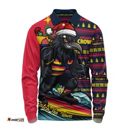 Adelaide Crows Long Sleeve Polo Shirt Christmas Holiday Santa Rides The Waves