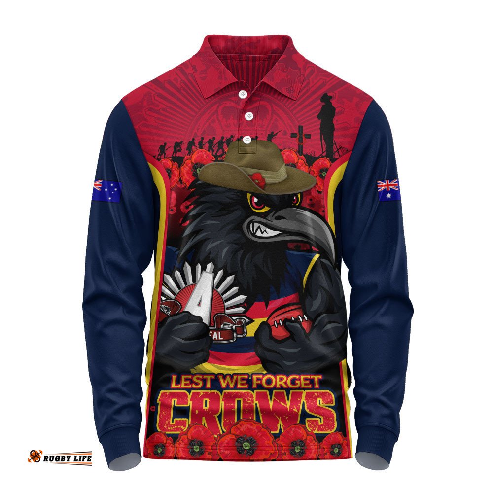 Adelaide Crows Long Sleeve Polo Shirt Lest We Forget In Eternal Honor And Duty