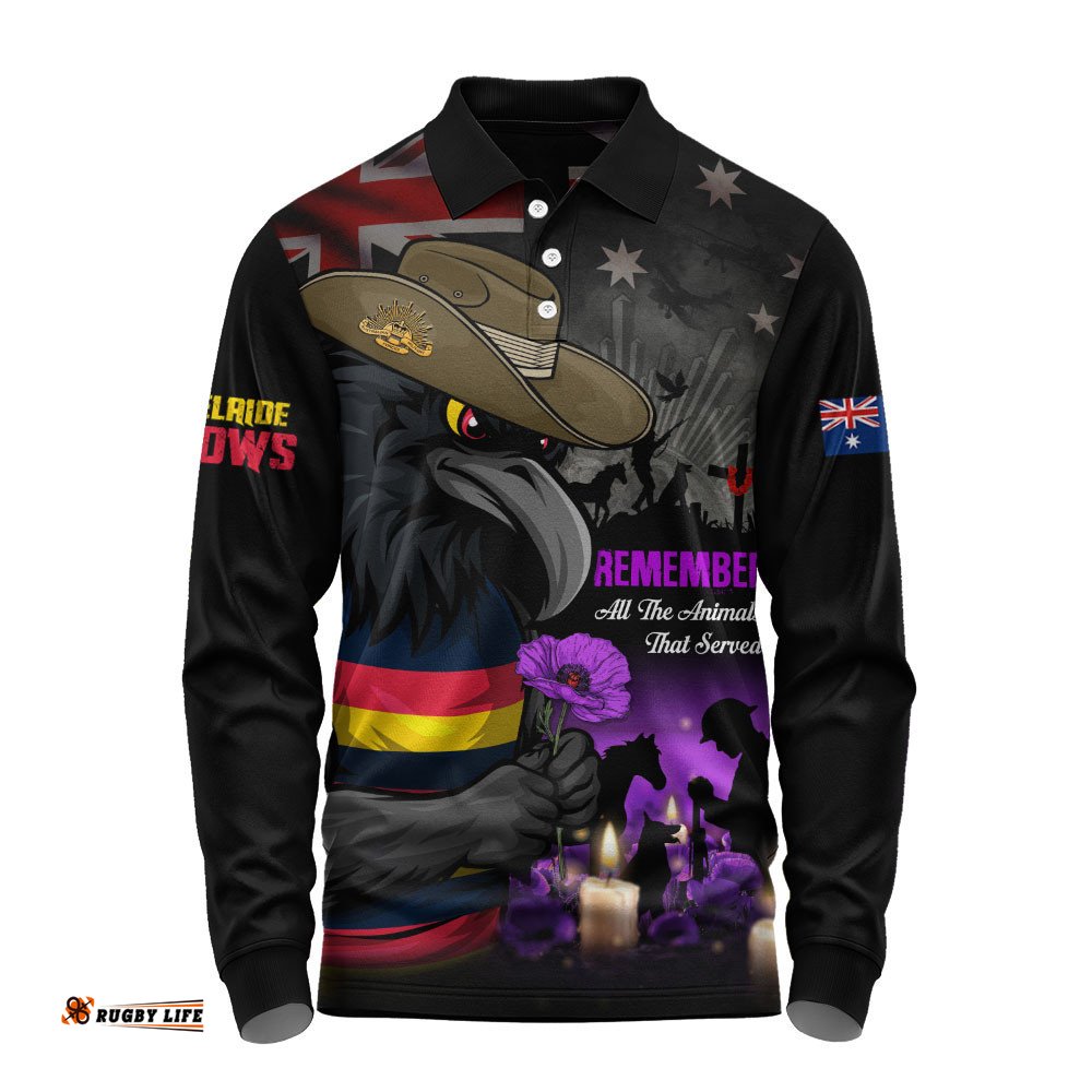 Adelaide Crows Long Sleeve Polo Shirt Anzac Day In Memory Of Animals That Served