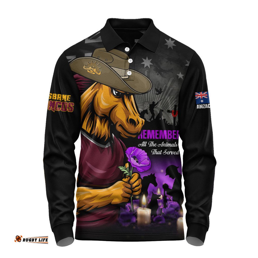 Brisbane Broncos Long Sleeve Polo Shirt Anzac Day Purple Poppy And Animals That Served